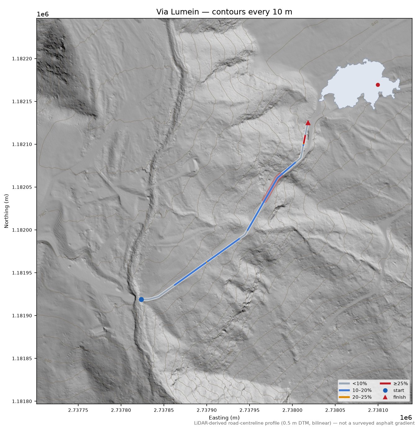 Via Lumein LiDAR hillshade map with contours