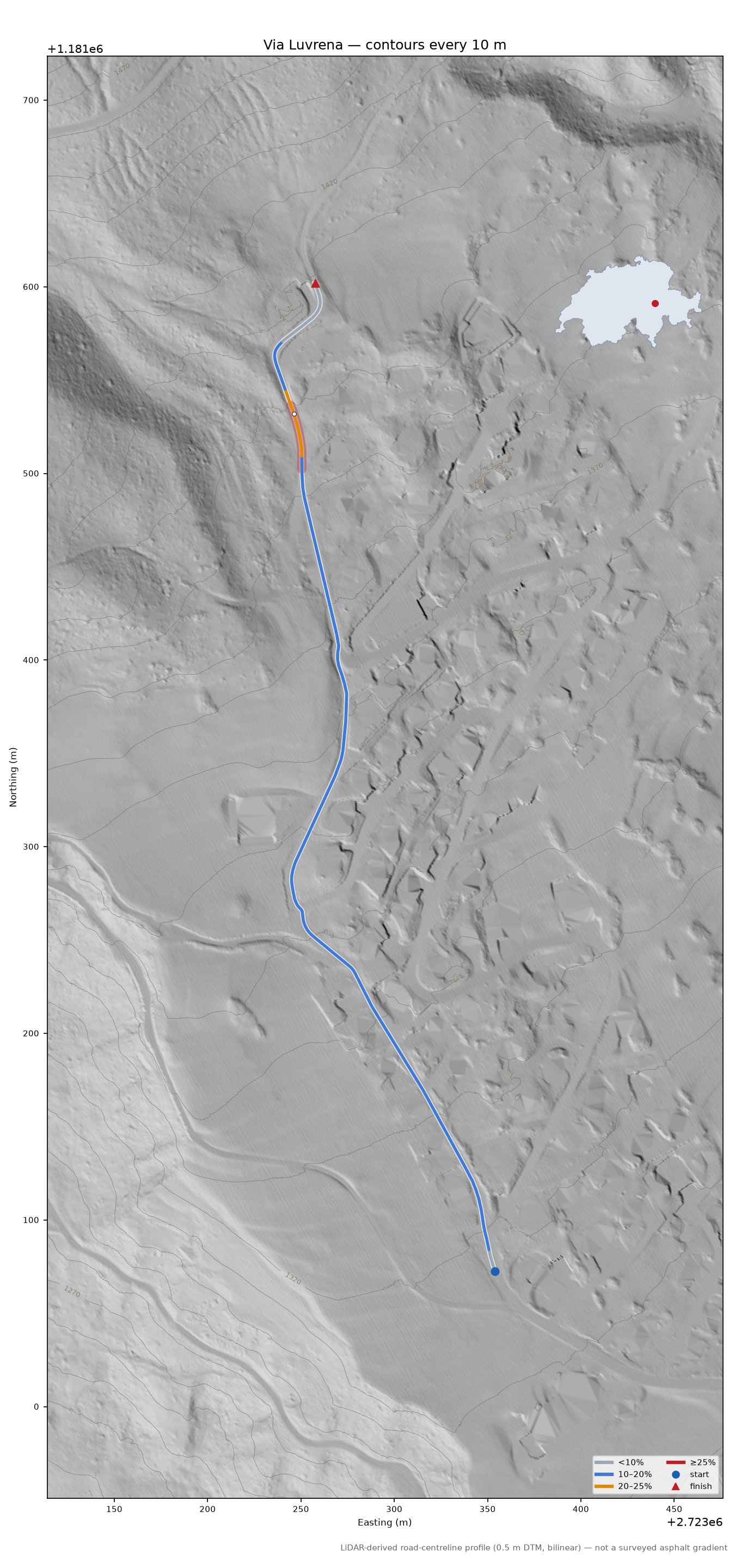 Via Luvrena LiDAR hillshade map with contours