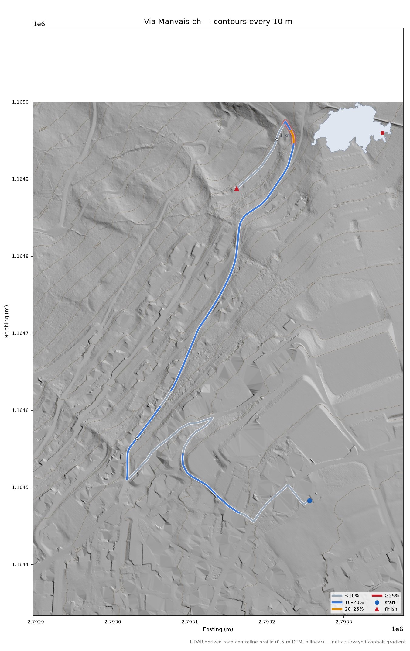 Via Manvais-ch LiDAR hillshade map with contours