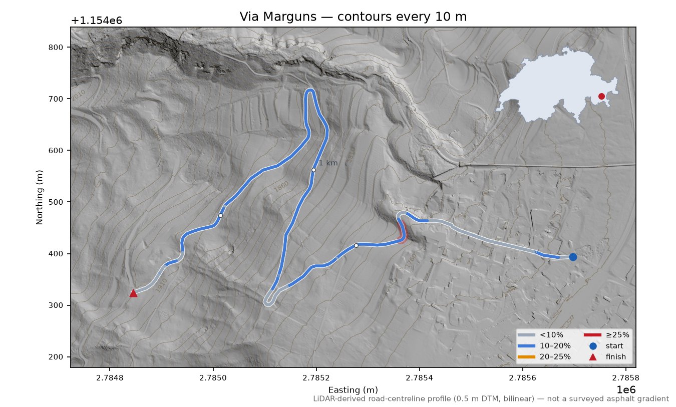 Via Marguns LiDAR hillshade map with contours