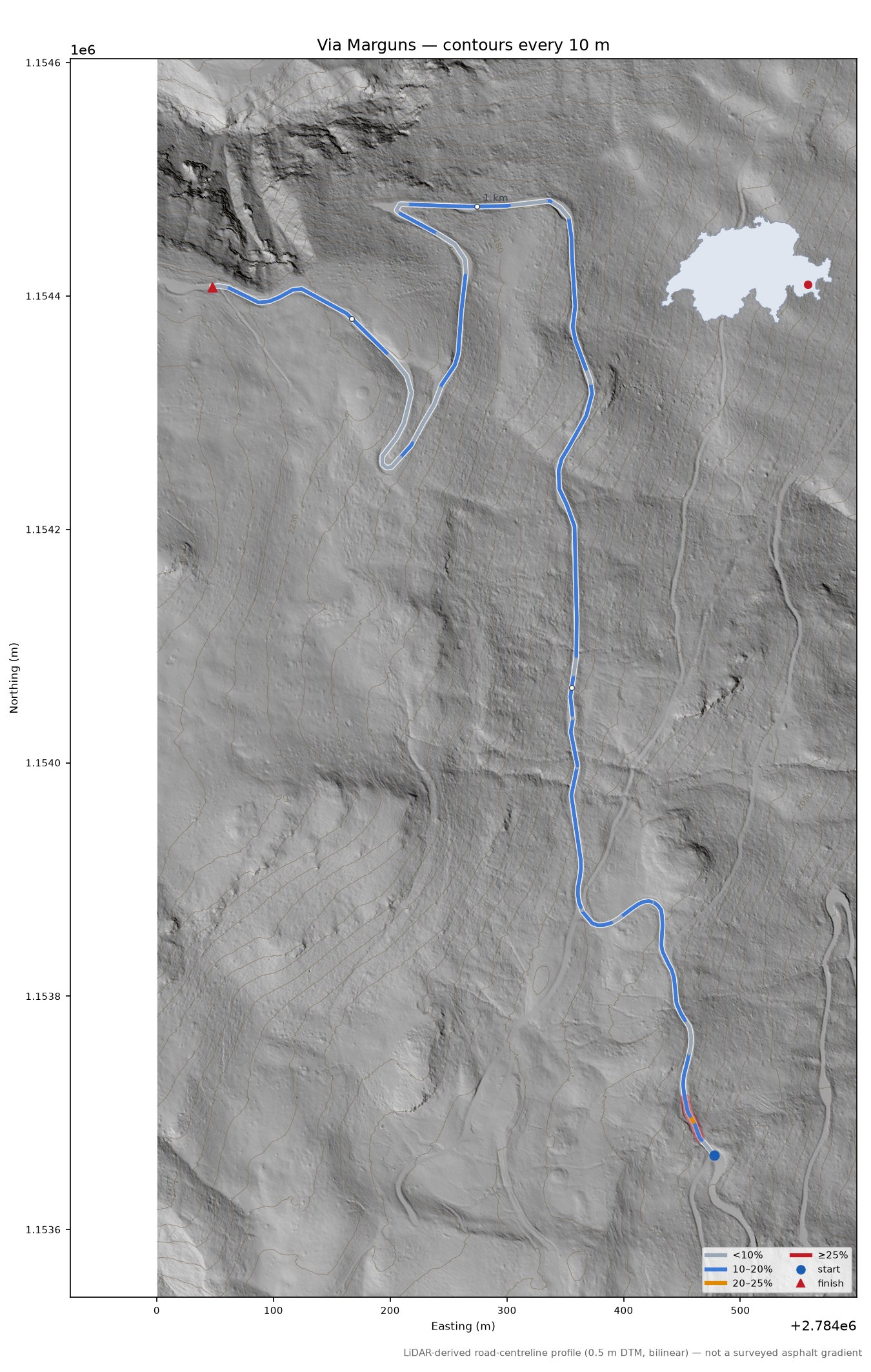 Via Marguns LiDAR hillshade map with contours