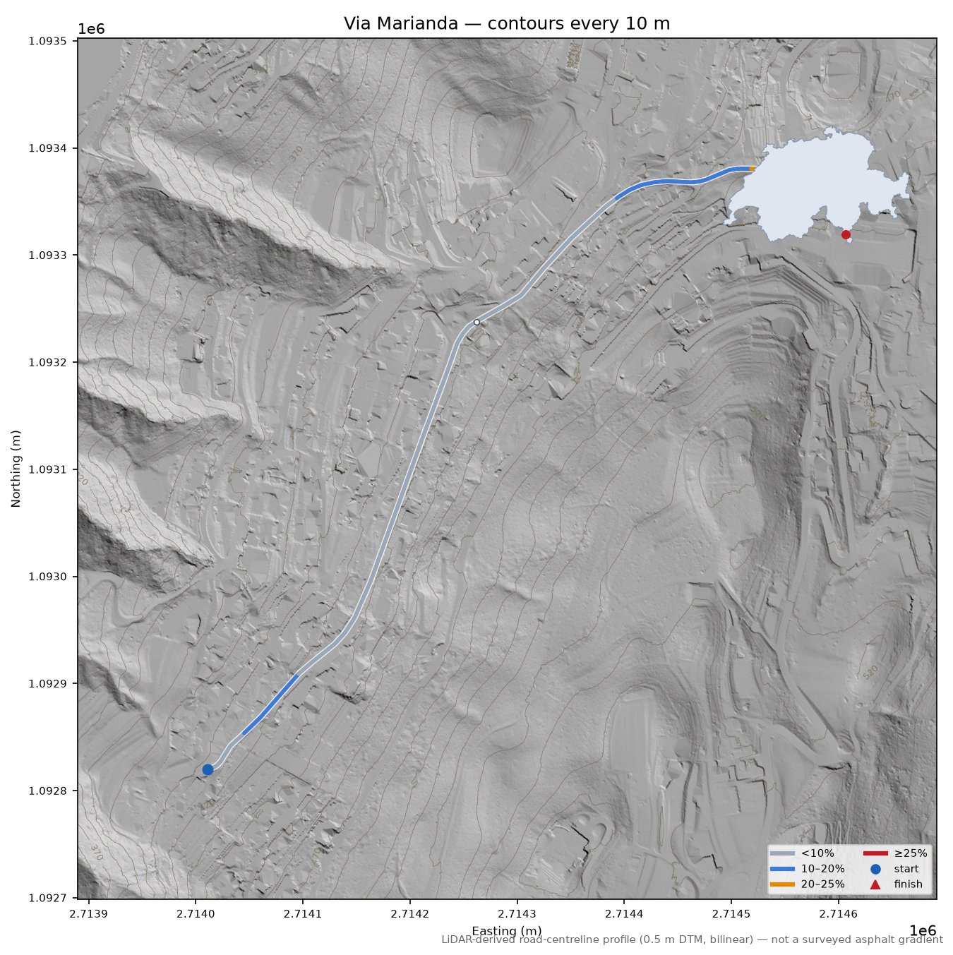 Via Marianda LiDAR hillshade map with contours