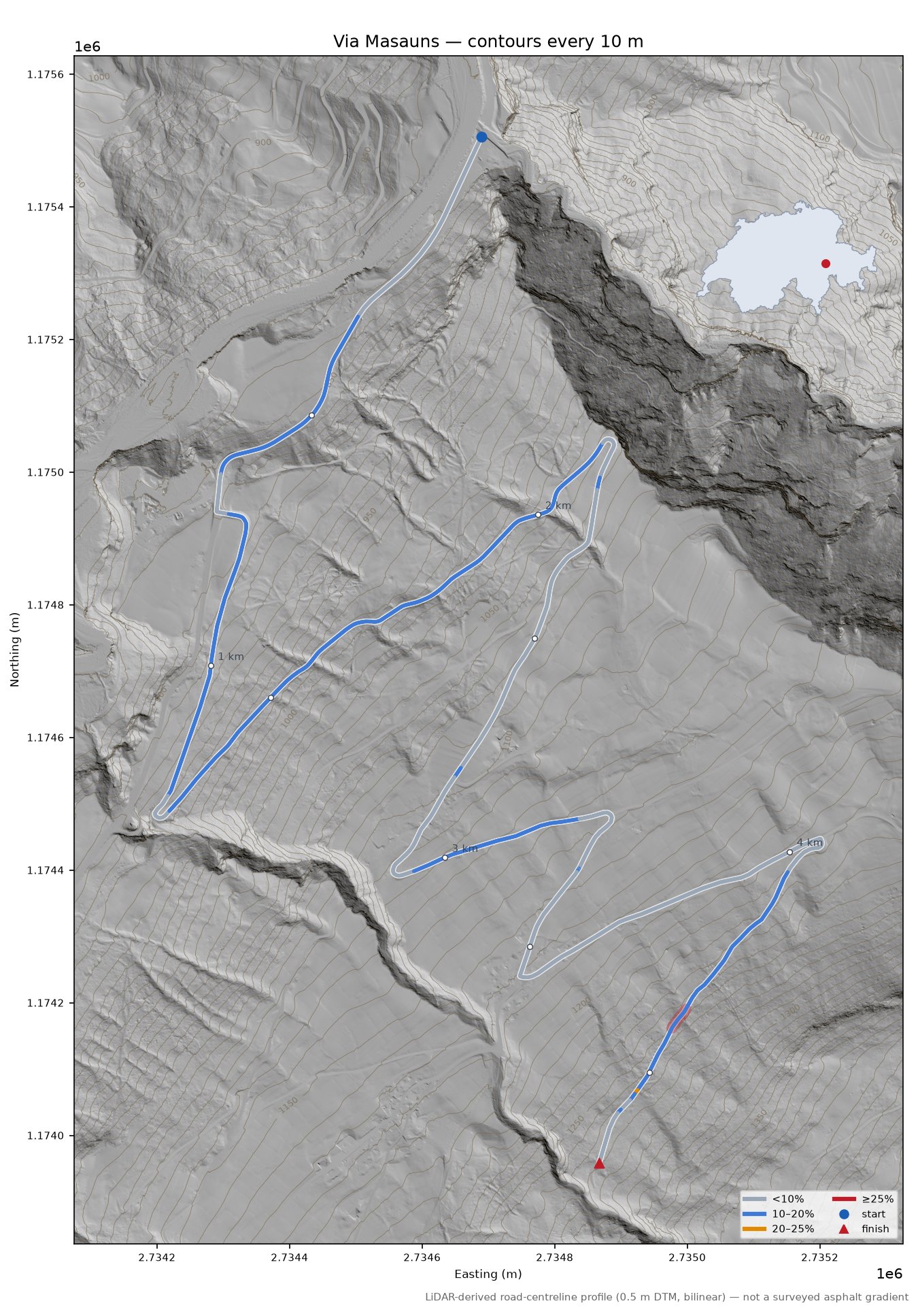 Via Masauns LiDAR hillshade map with contours