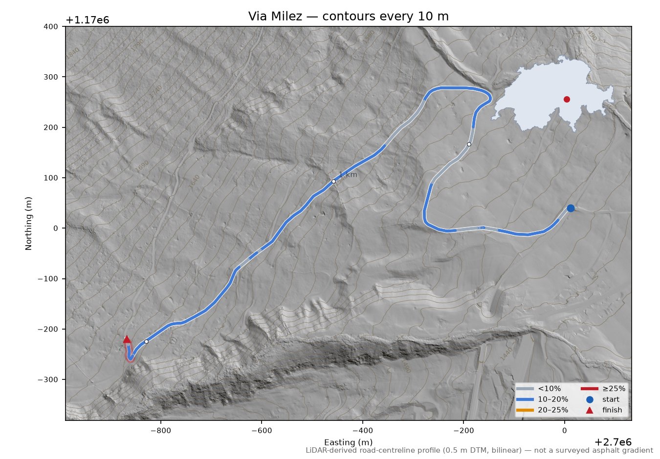 Via Milez LiDAR hillshade map with contours