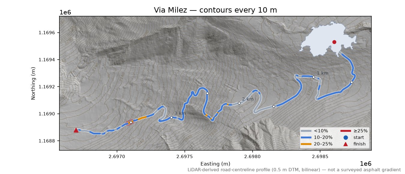 Via Milez LiDAR hillshade map with contours