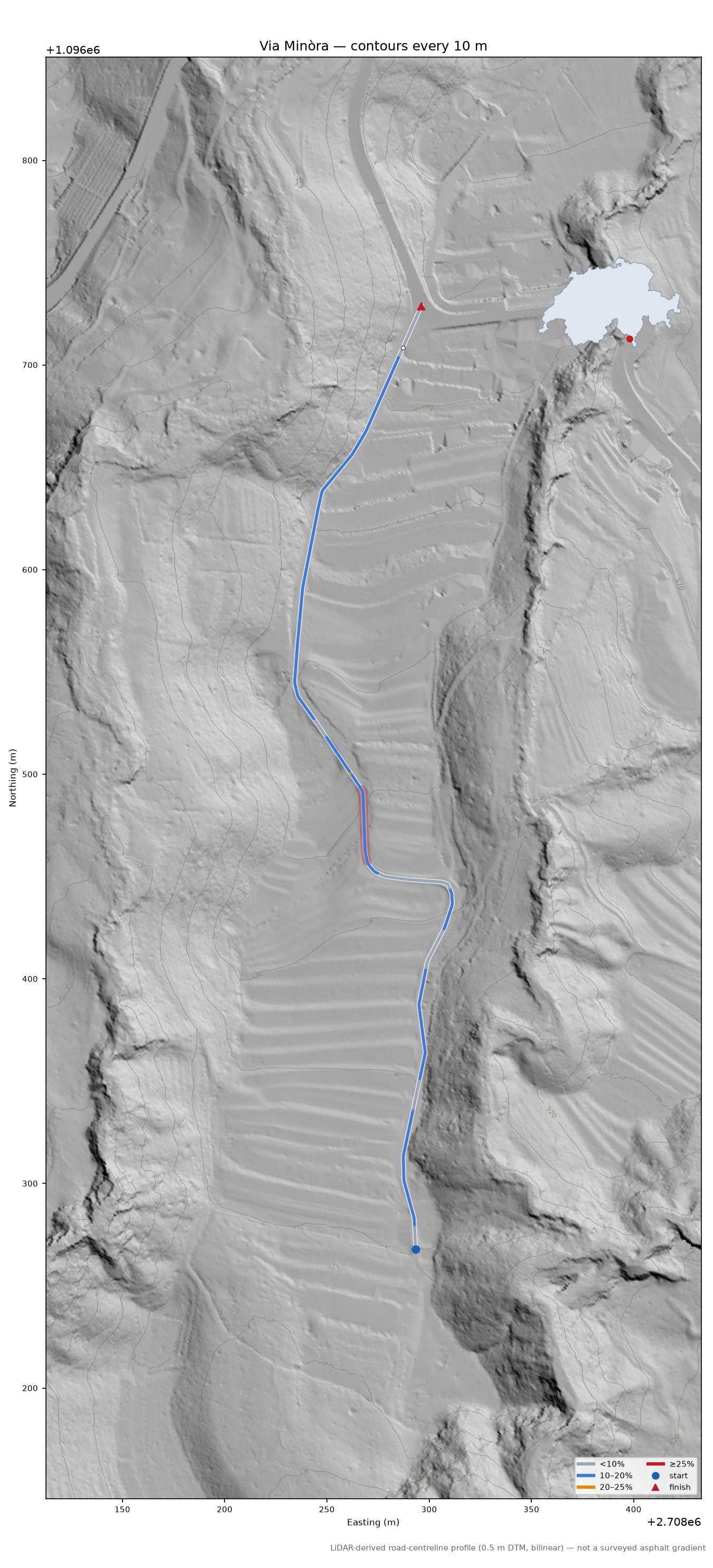 Via Minòra LiDAR hillshade map with contours