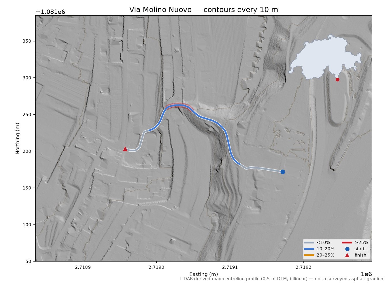 Via Molino Nuovo LiDAR hillshade map with contours