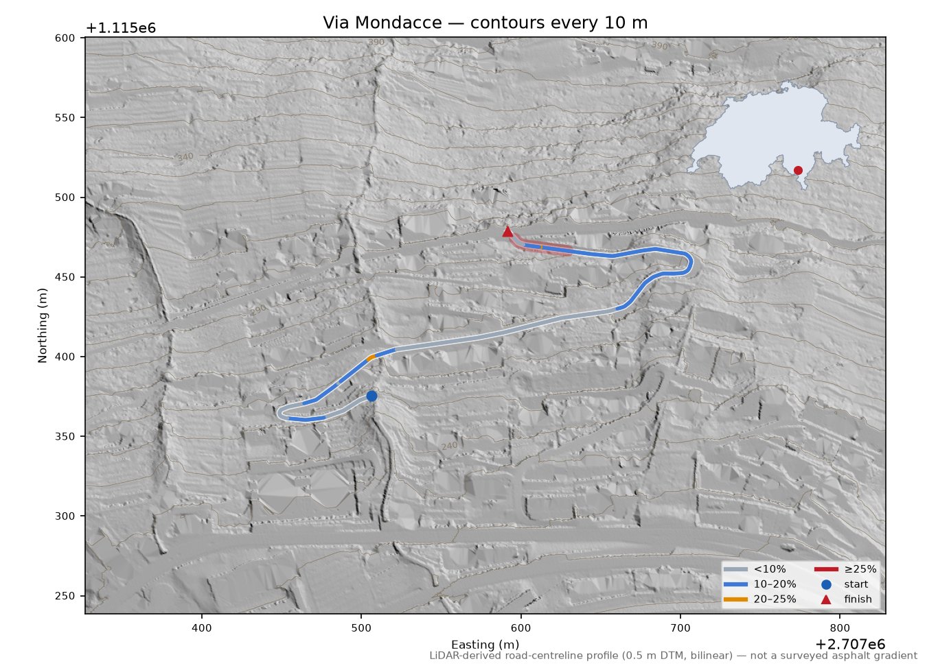 Via Mondacce LiDAR hillshade map with contours