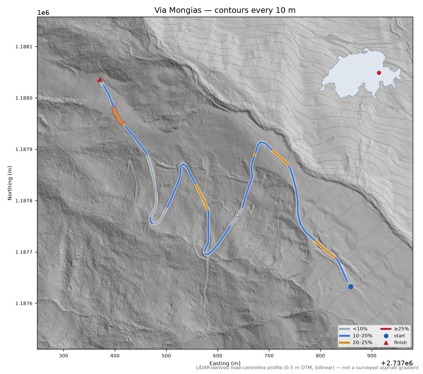 Via Mongias LiDAR hillshade map with contours