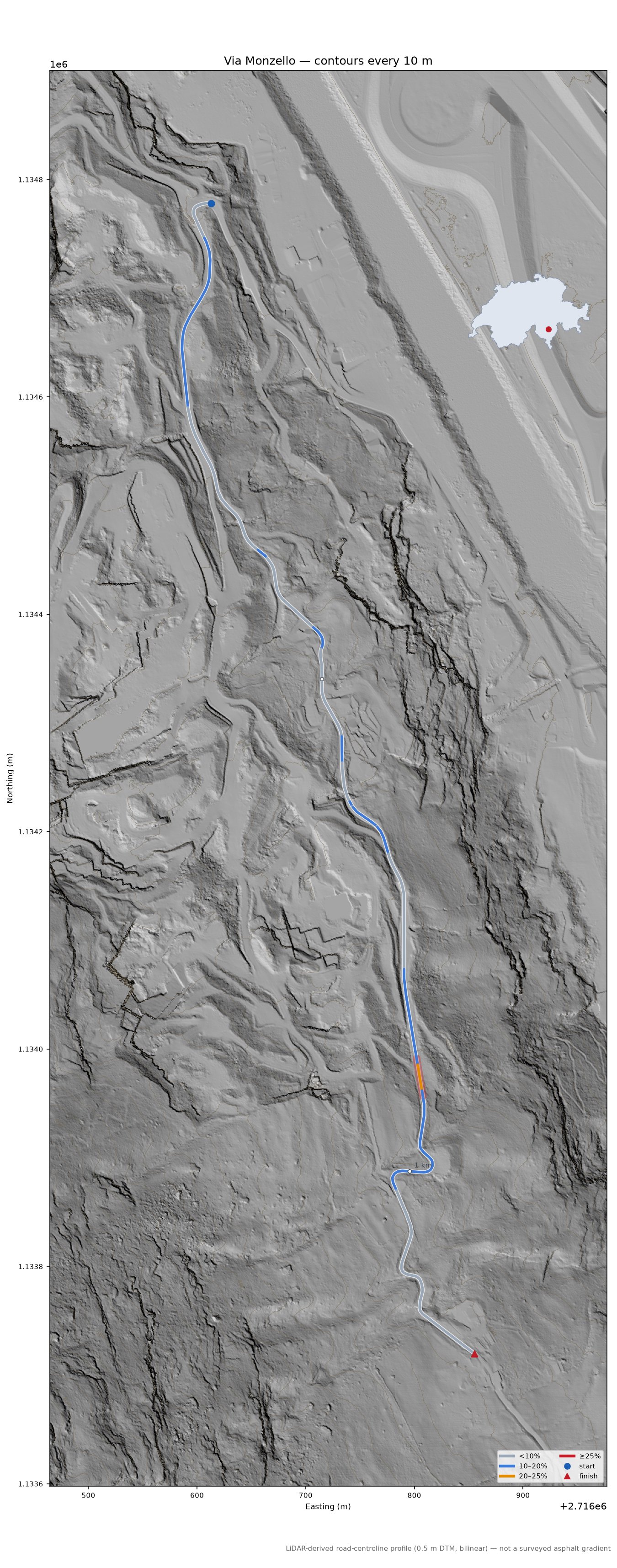 Via Monzello LiDAR hillshade map with contours