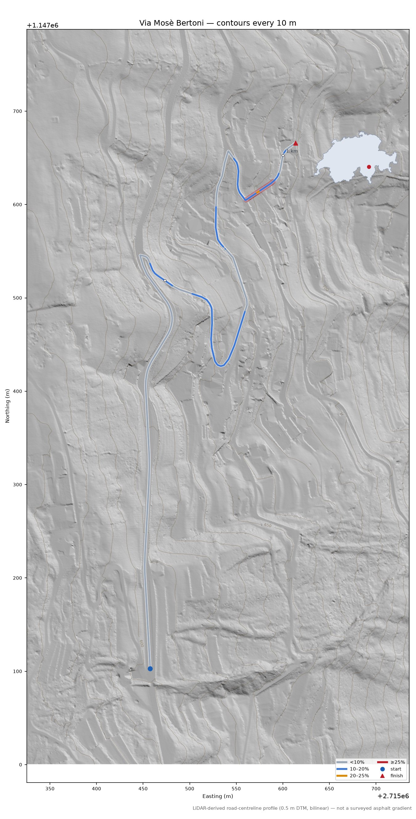 Via Mosè Bertoni LiDAR hillshade map with contours