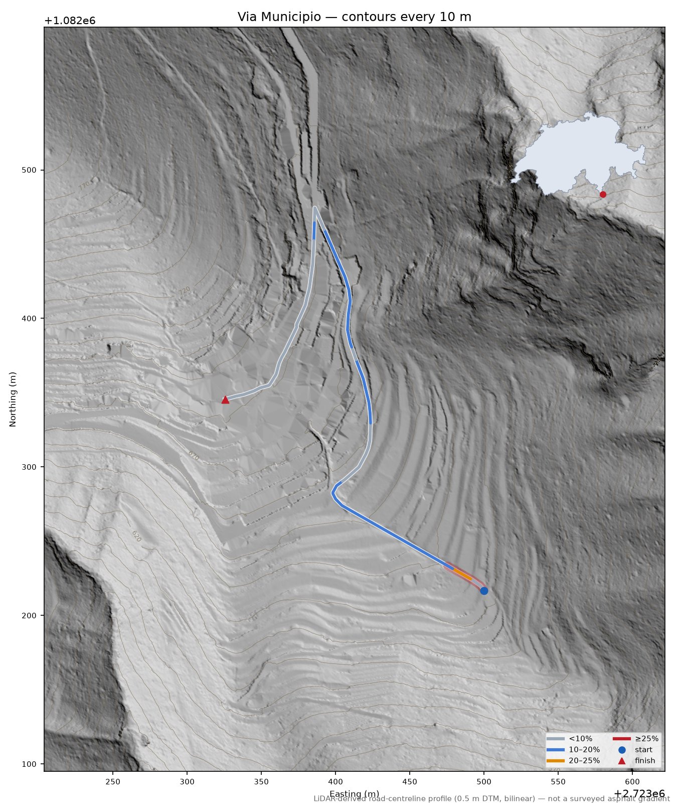 Via Municipio LiDAR hillshade map with contours