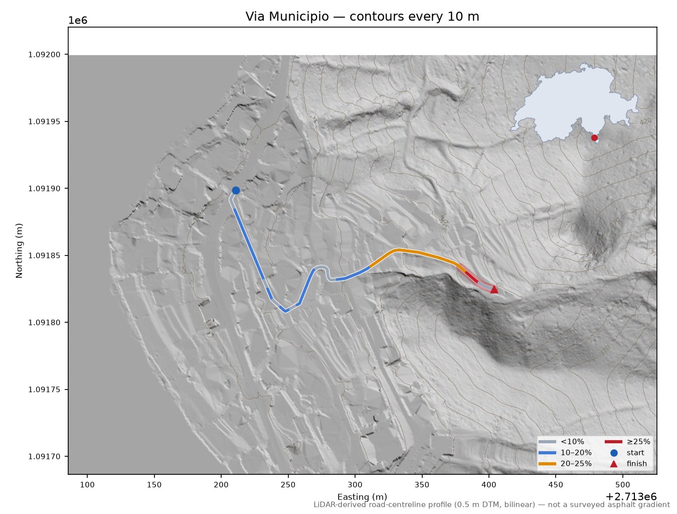 Via Municipio LiDAR hillshade map with contours