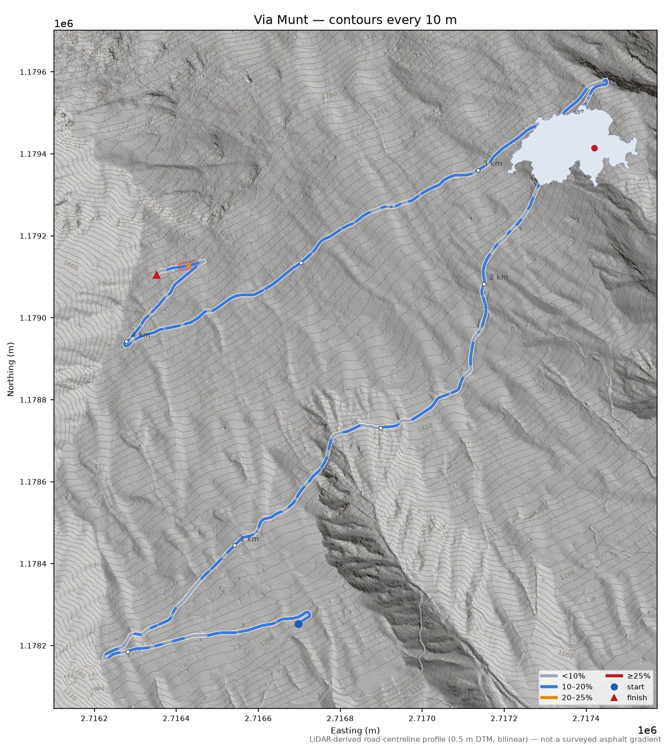Via Munt LiDAR hillshade map with contours