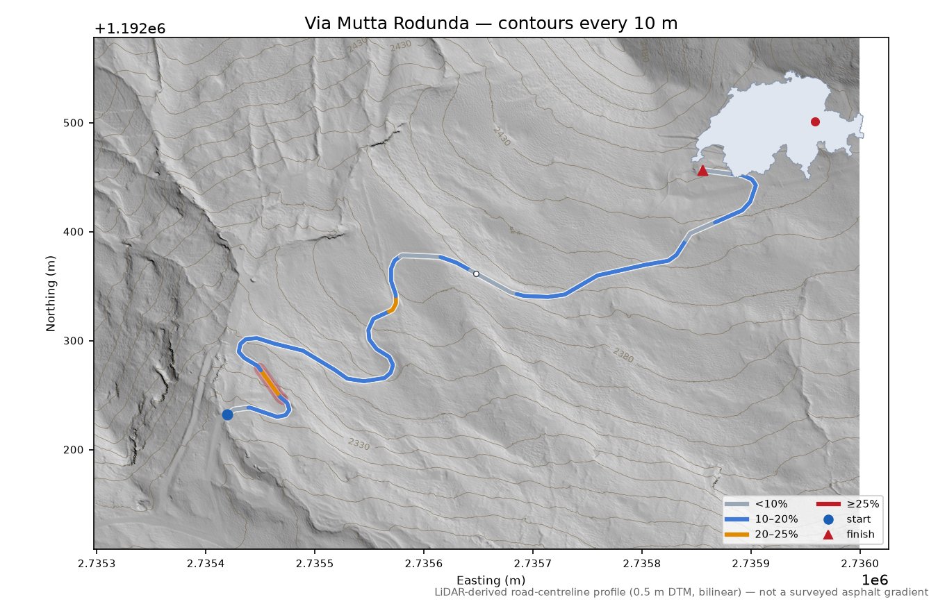 Via Mutta Rodunda LiDAR hillshade map with contours