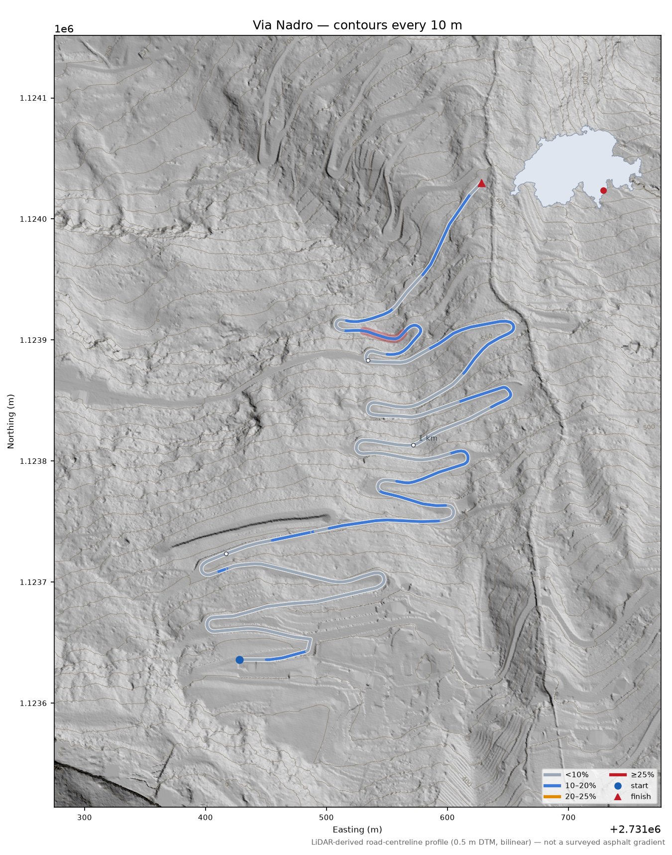 Via Nadro LiDAR hillshade map with contours