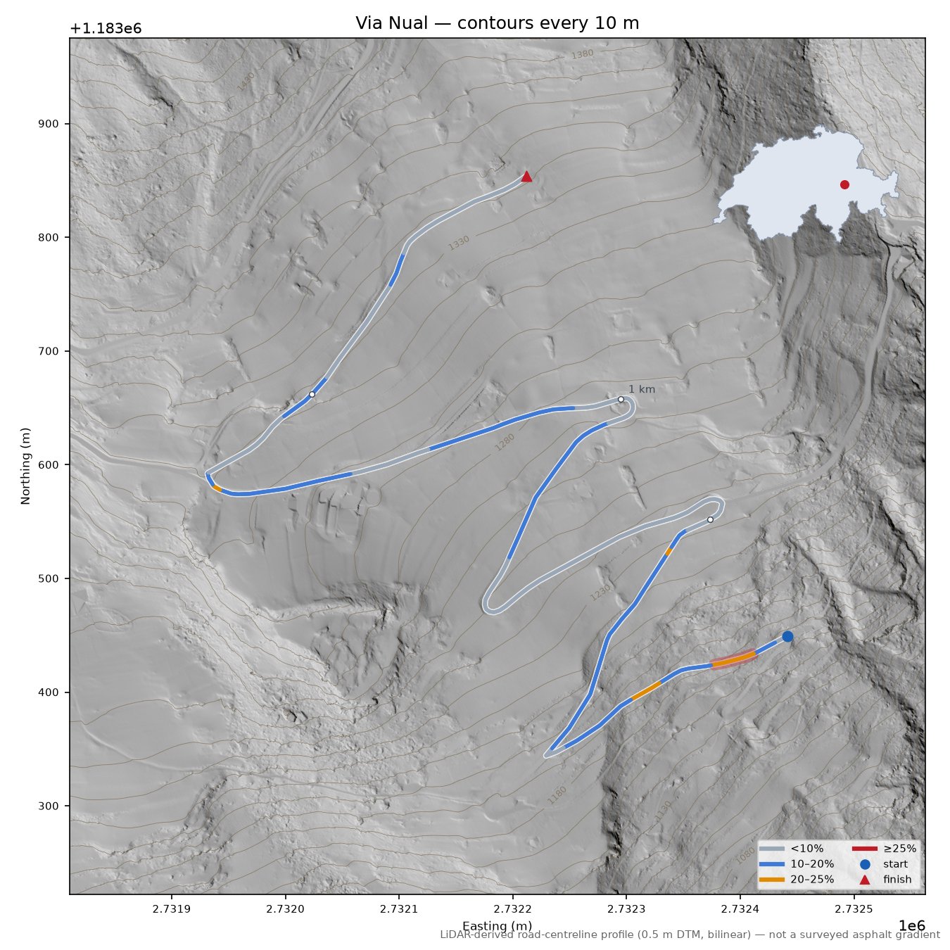 Via Nual LiDAR hillshade map with contours