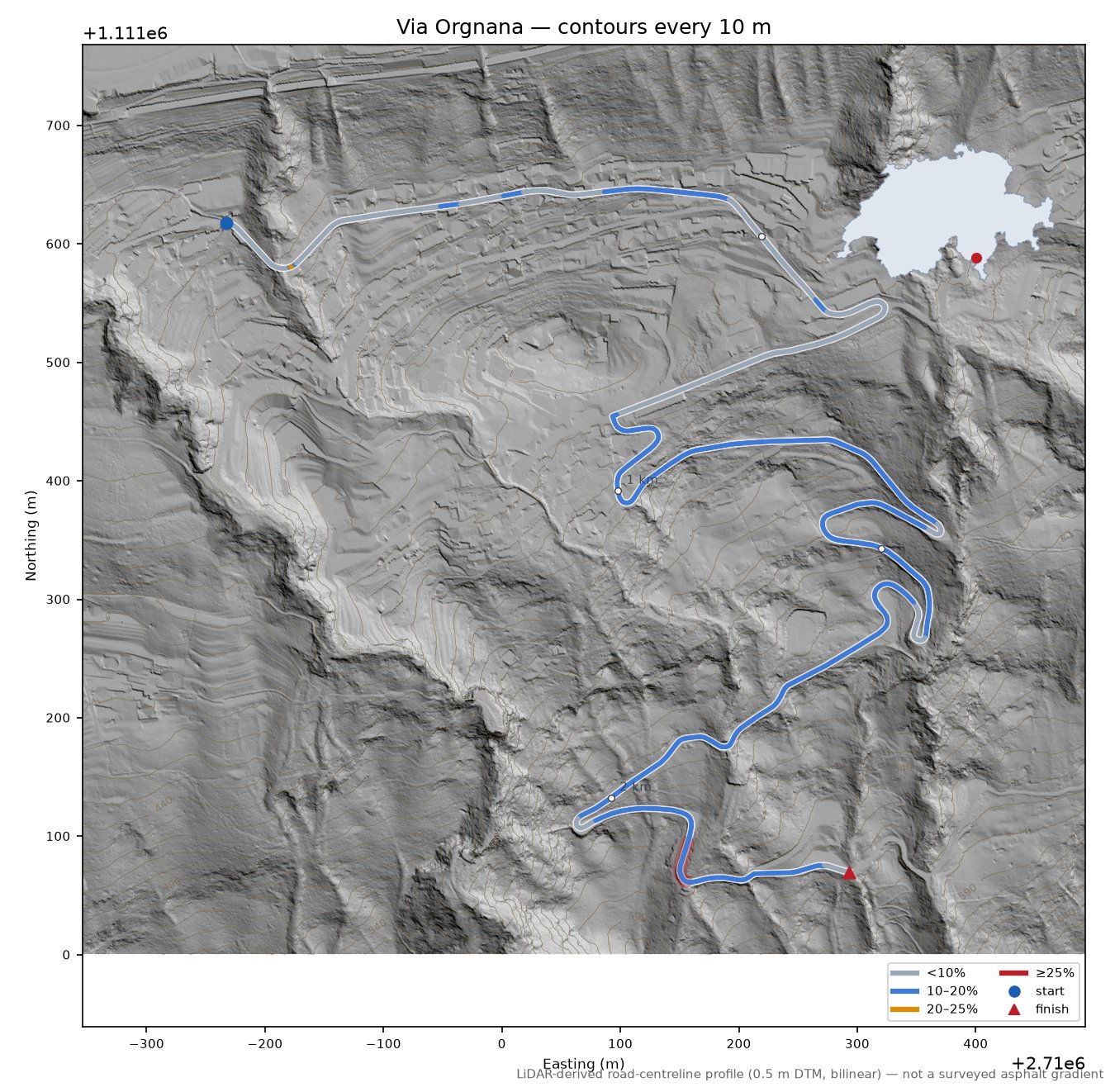 Via Orgnana LiDAR hillshade map with contours