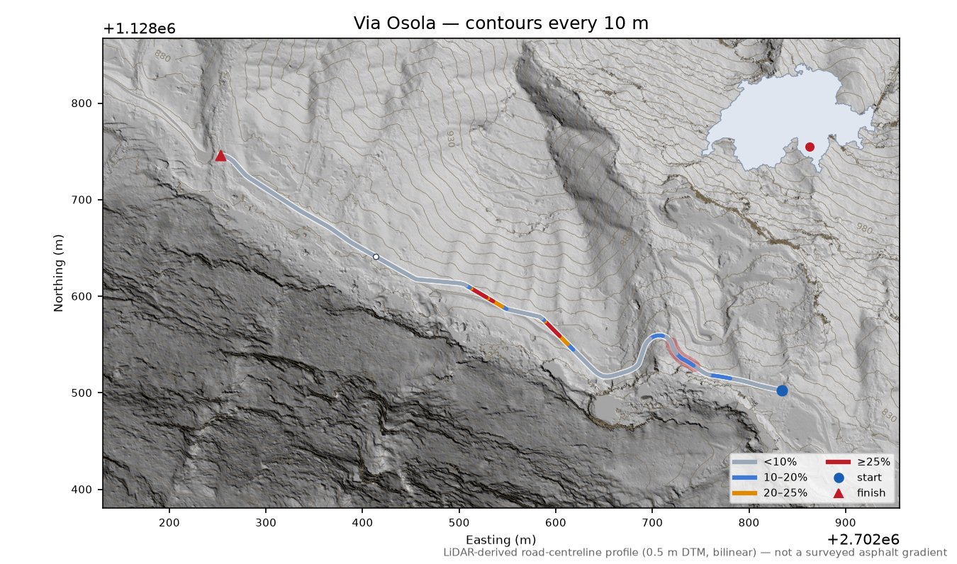 Via Osola LiDAR hillshade map with contours