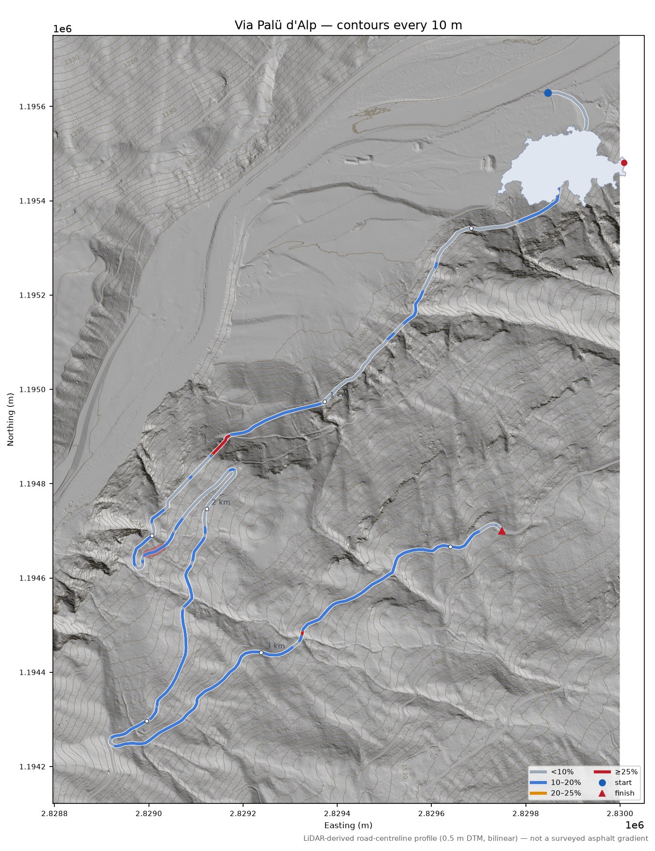 Via Palü d'Alp LiDAR hillshade map with contours
