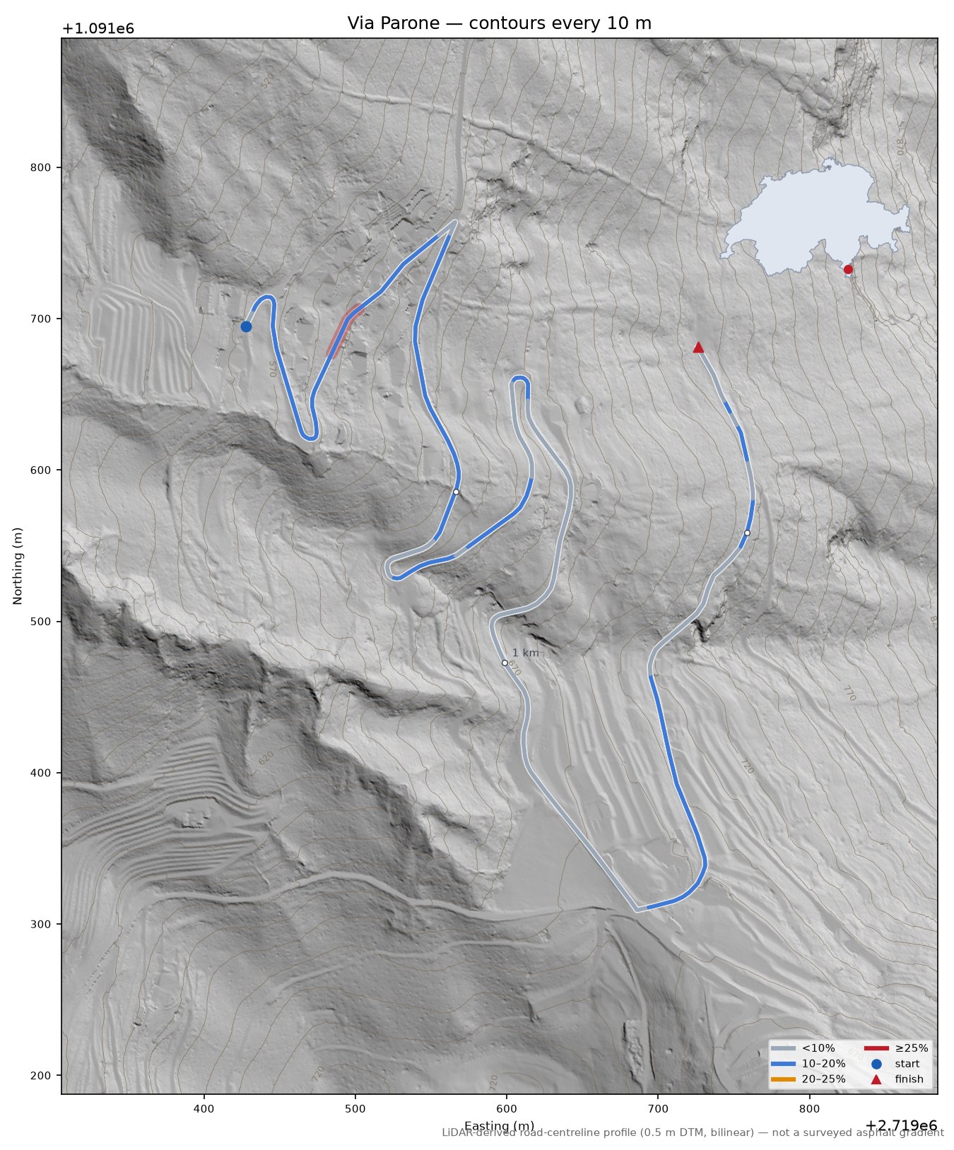 Via Parone LiDAR hillshade map with contours
