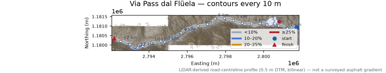 Via Pass dal Flüela LiDAR hillshade map with contours