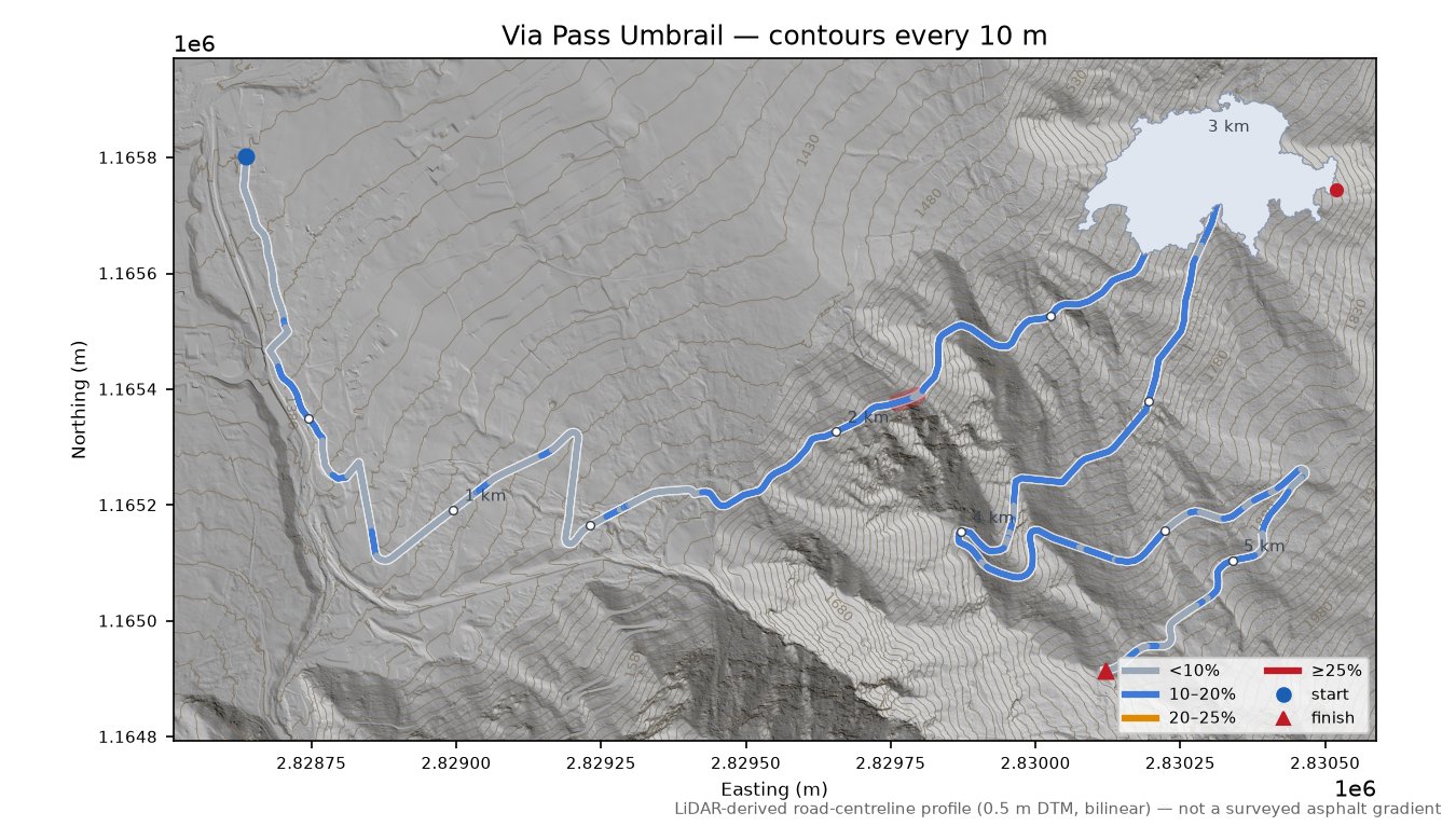 Via Pass Umbrail LiDAR hillshade map with contours