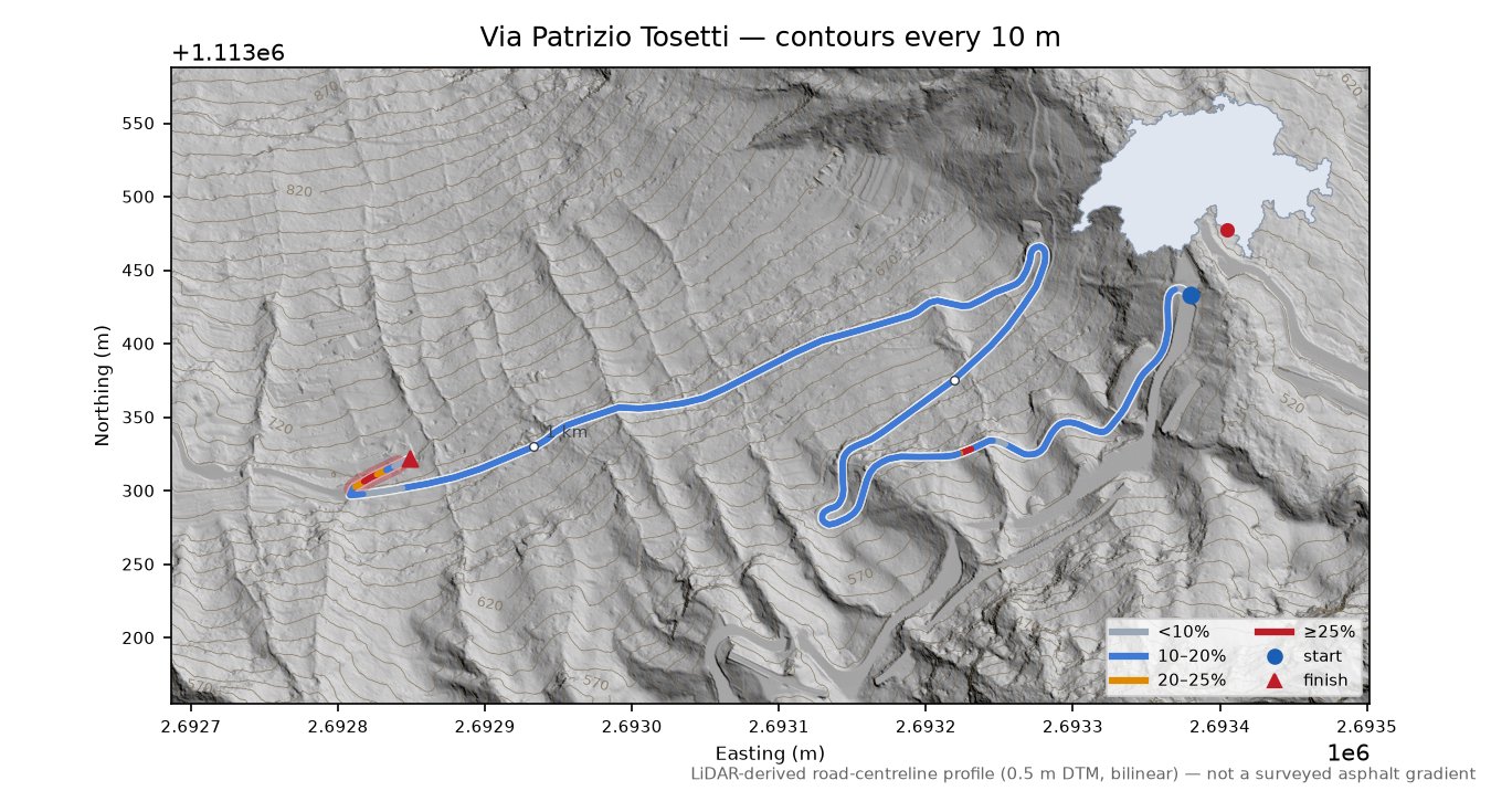 Via Patrizio Tosetti LiDAR hillshade map with contours