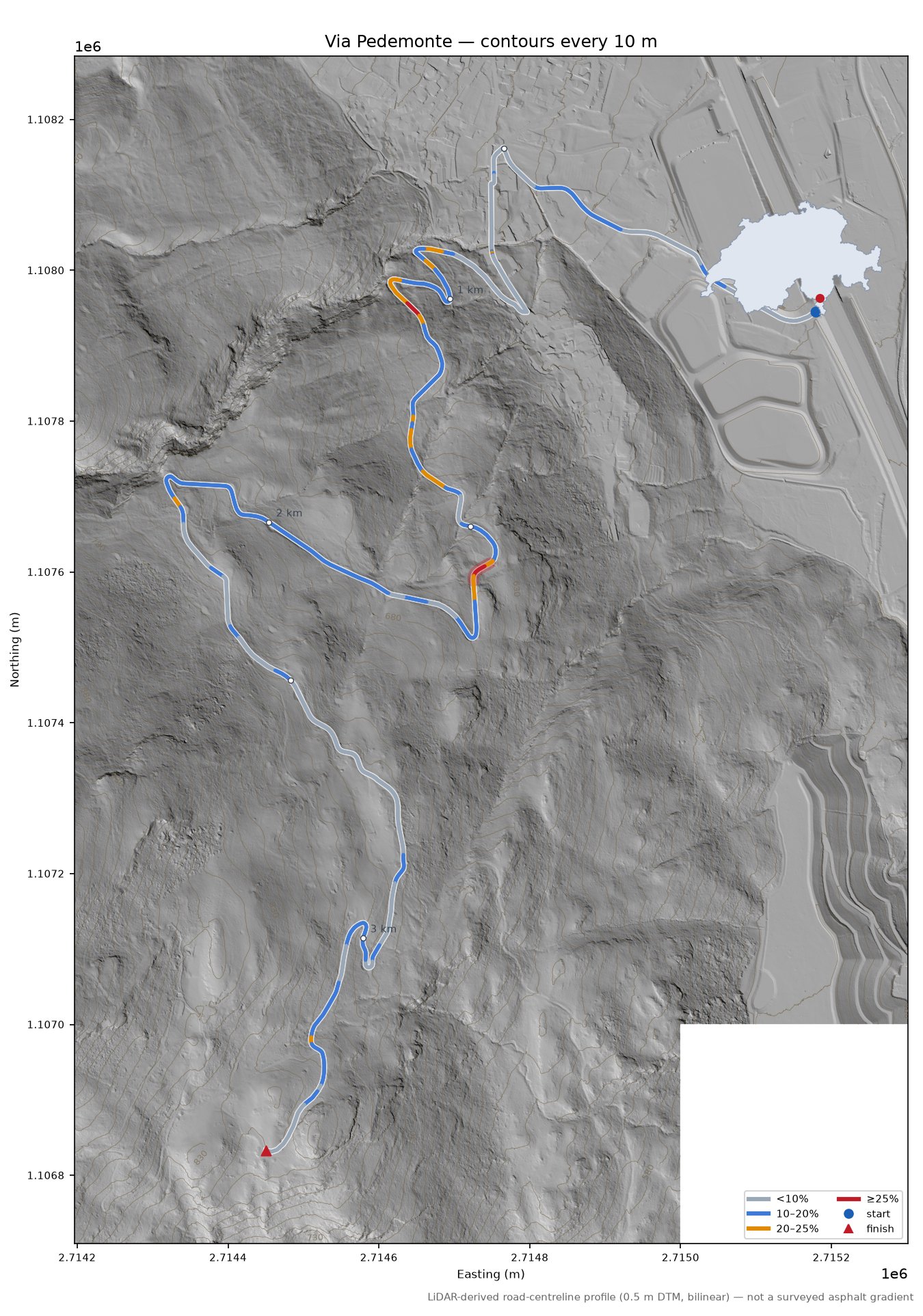 Via Pedemonte LiDAR hillshade map with contours