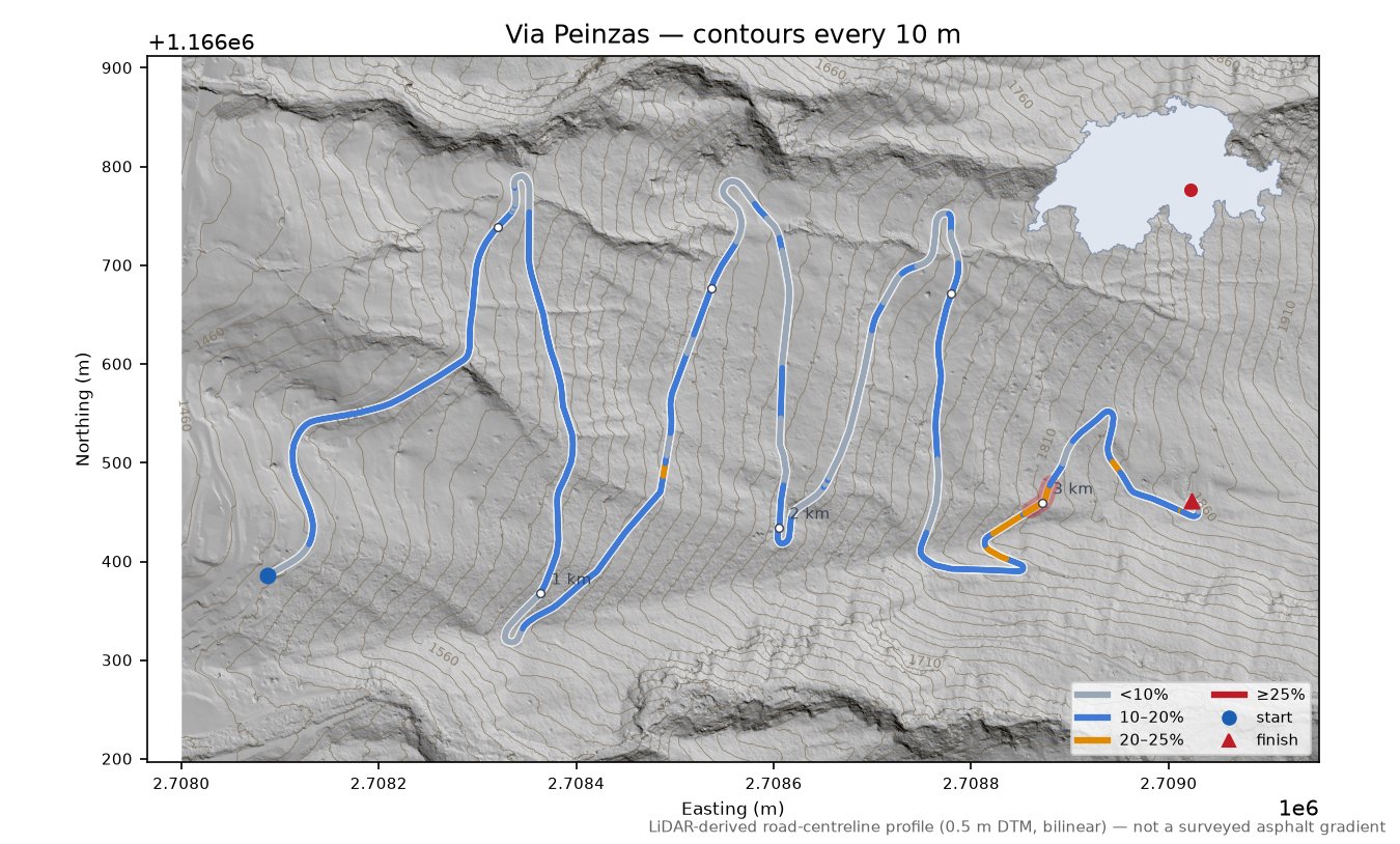 Via Peinzas LiDAR hillshade map with contours