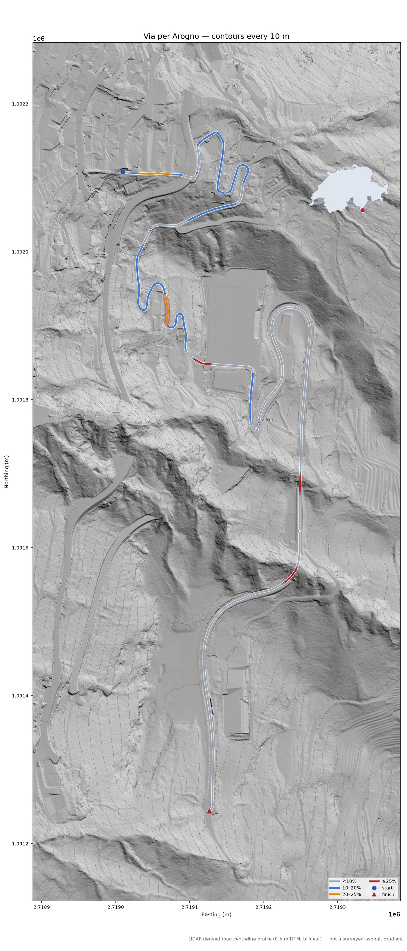 Via per Arogno LiDAR hillshade map with contours