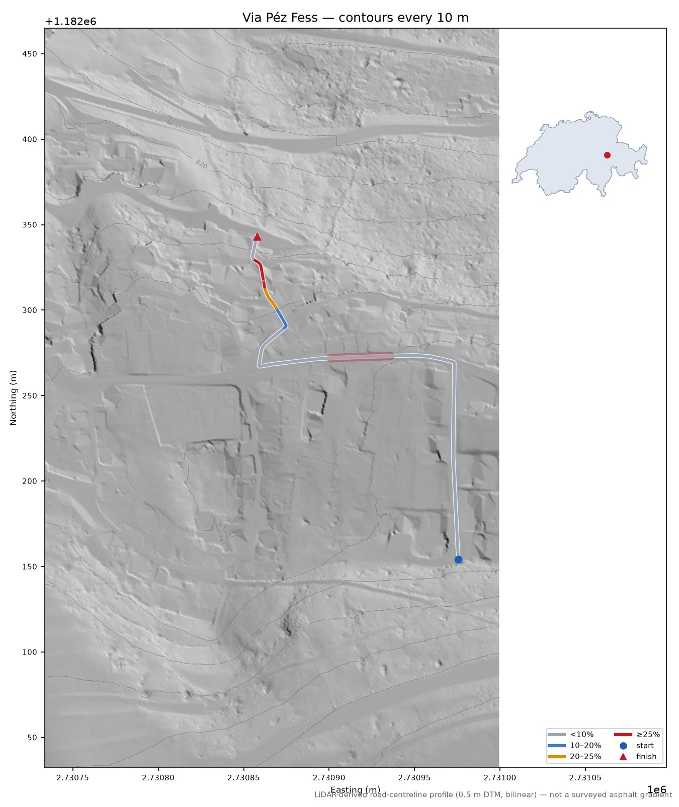 Via Péz Fess LiDAR hillshade map with contours