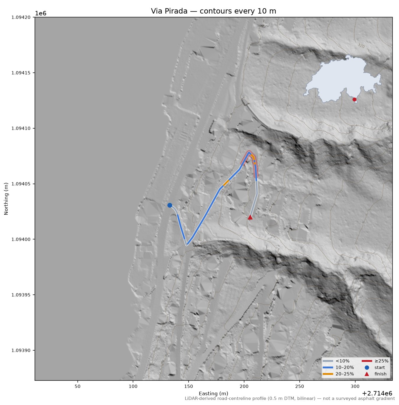 Via Pirada LiDAR hillshade map with contours
