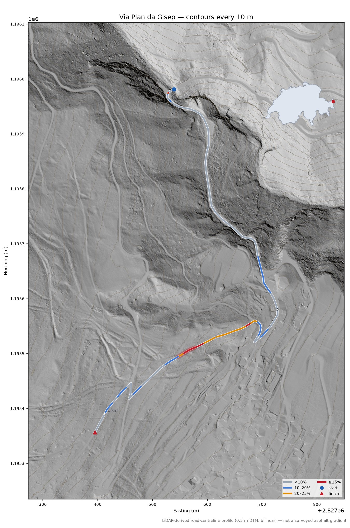 Via Plan da Gisep LiDAR hillshade map with contours