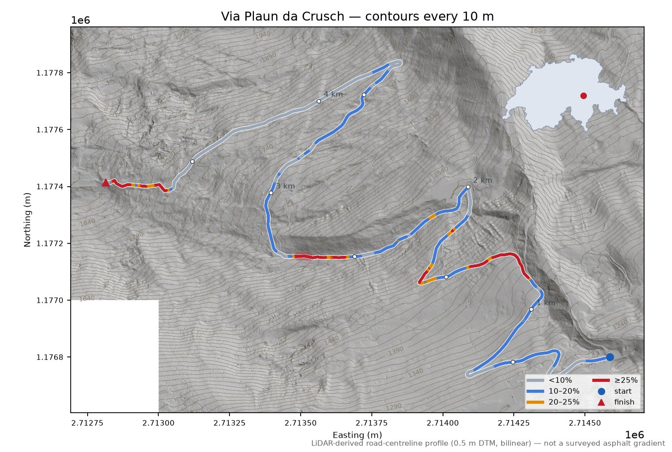 Via Plaun da Crusch LiDAR hillshade map with contours
