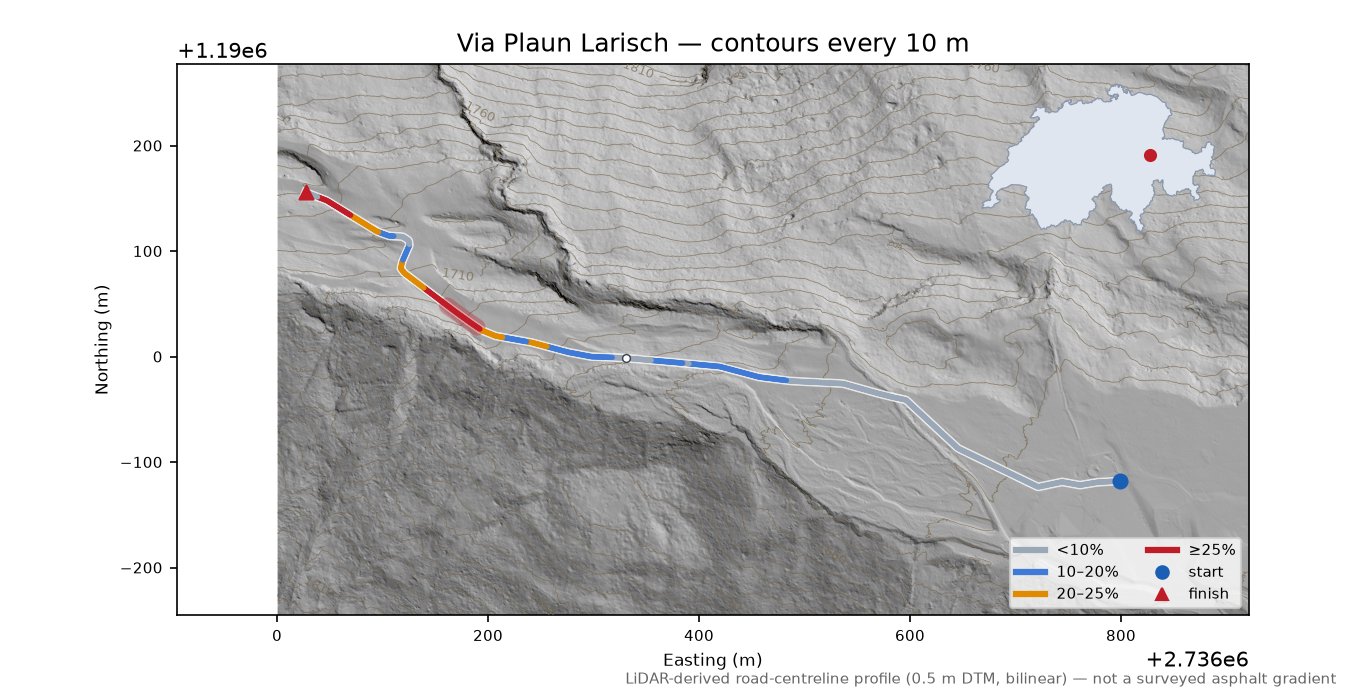 Via Plaun Larisch LiDAR hillshade map with contours