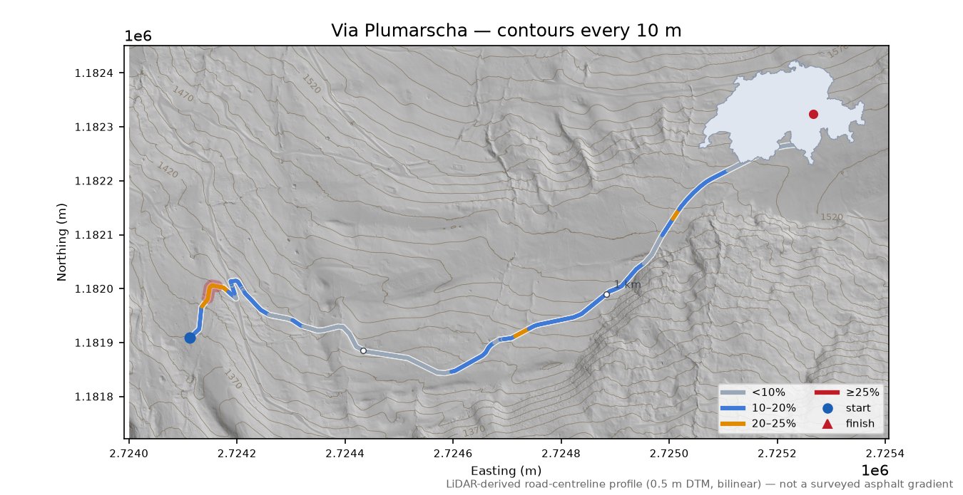 Via Plumarscha LiDAR hillshade map with contours