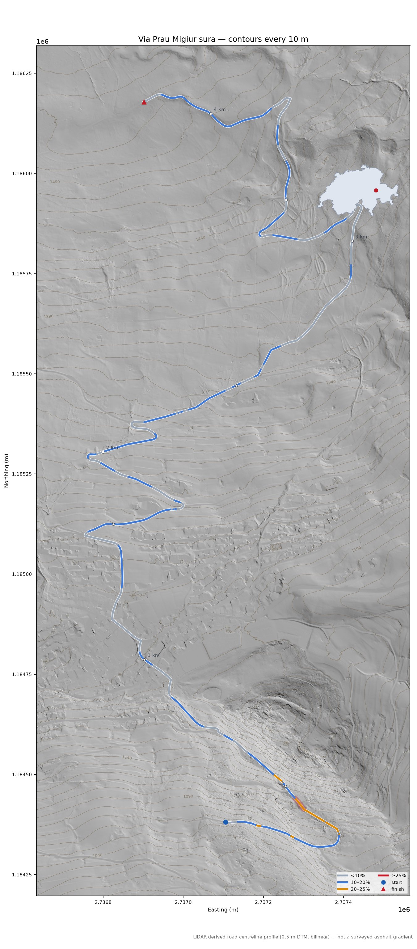 Via Prau Migiur sura LiDAR hillshade map with contours