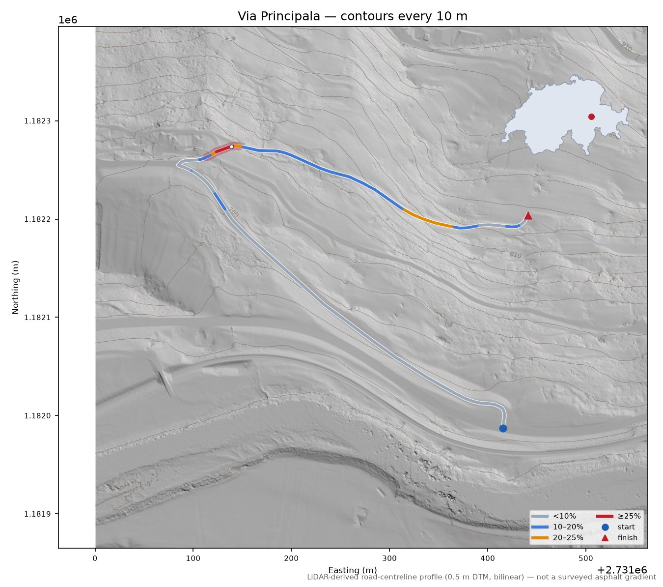 Via Principala LiDAR hillshade map with contours