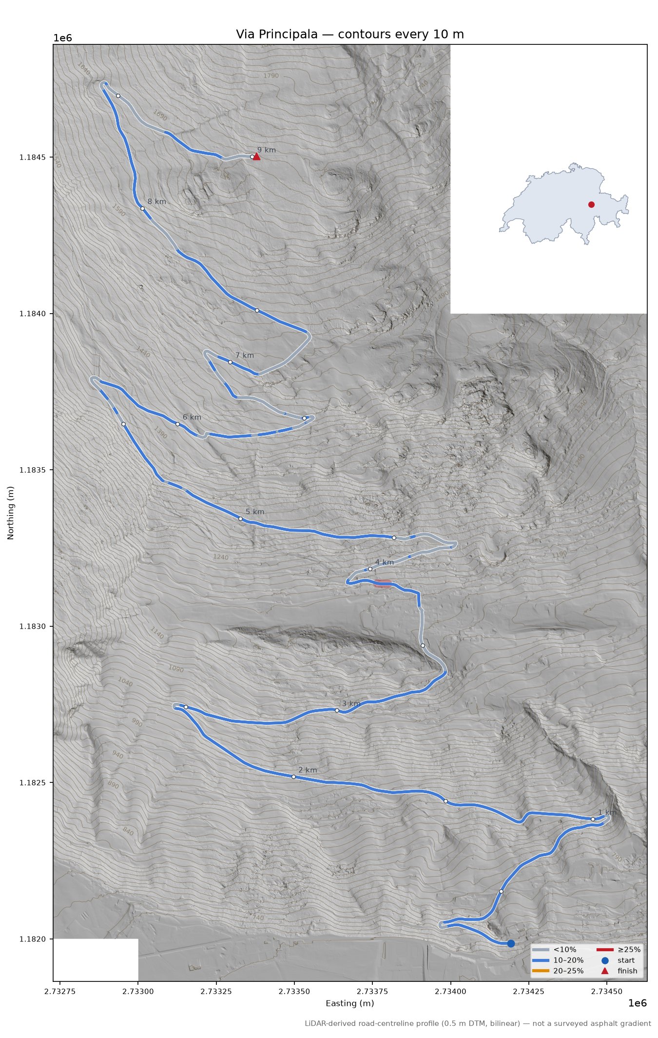 Via Principala LiDAR hillshade map with contours