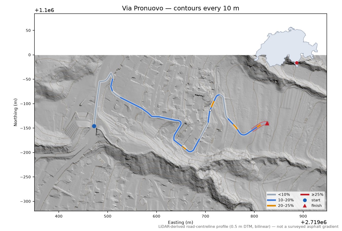 Via Pronuovo LiDAR hillshade map with contours