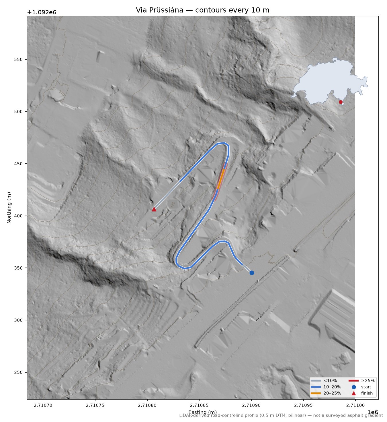 Via Prüssiána LiDAR hillshade map with contours
