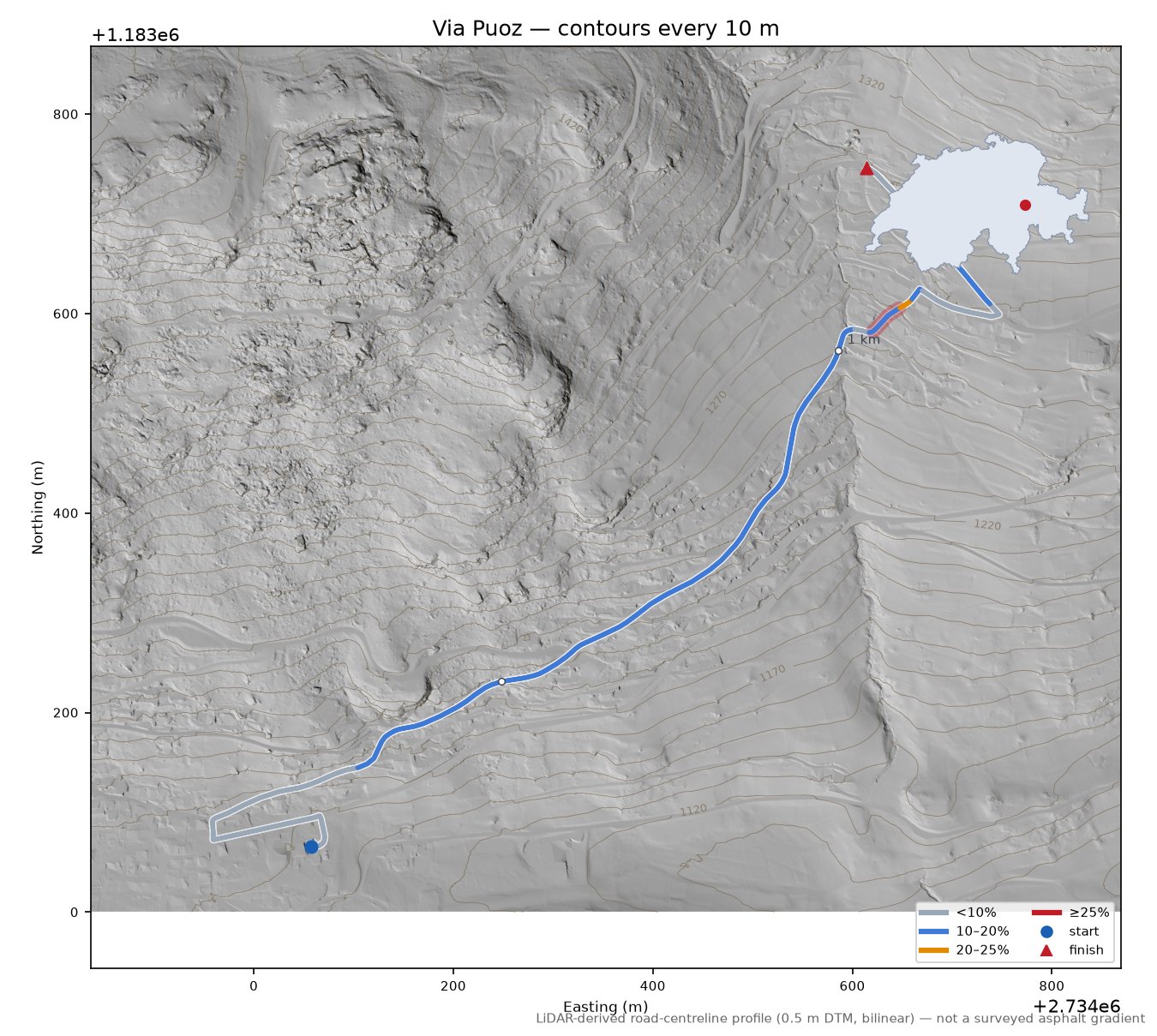 Via Puoz LiDAR hillshade map with contours