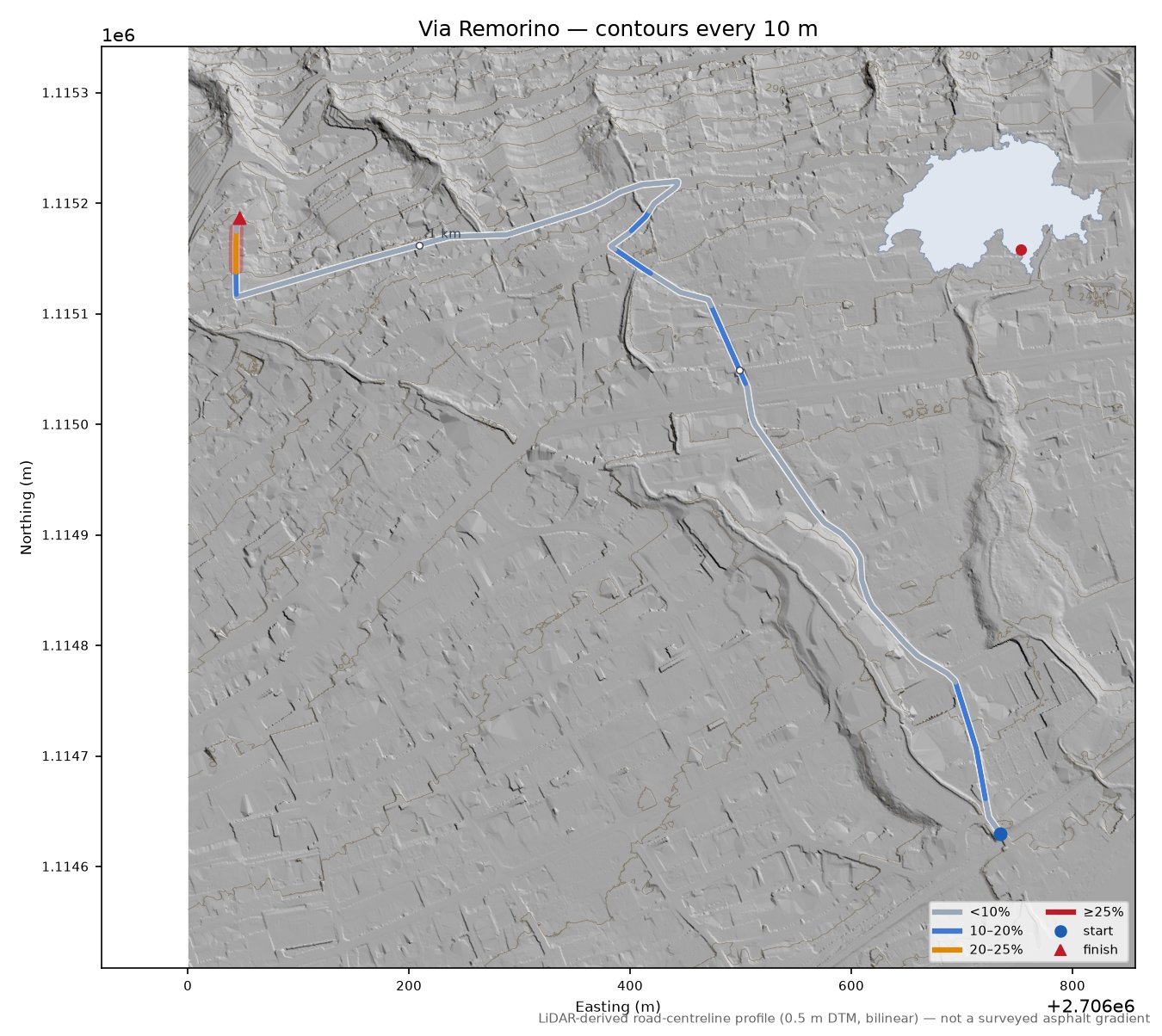 Via Remorino LiDAR hillshade map with contours