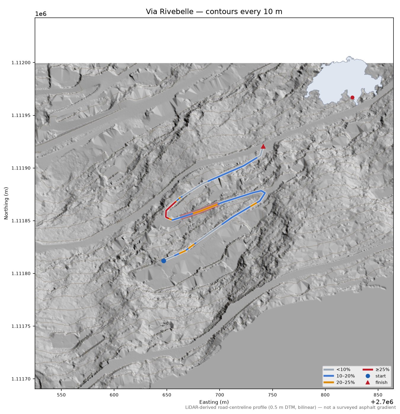 Via Rivebelle LiDAR hillshade map with contours