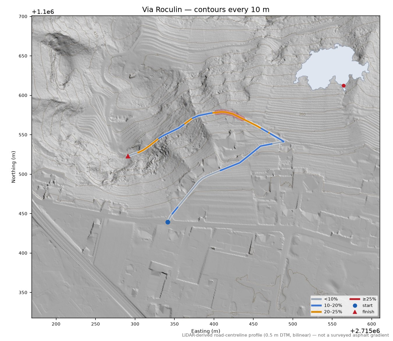 Via Roculin LiDAR hillshade map with contours