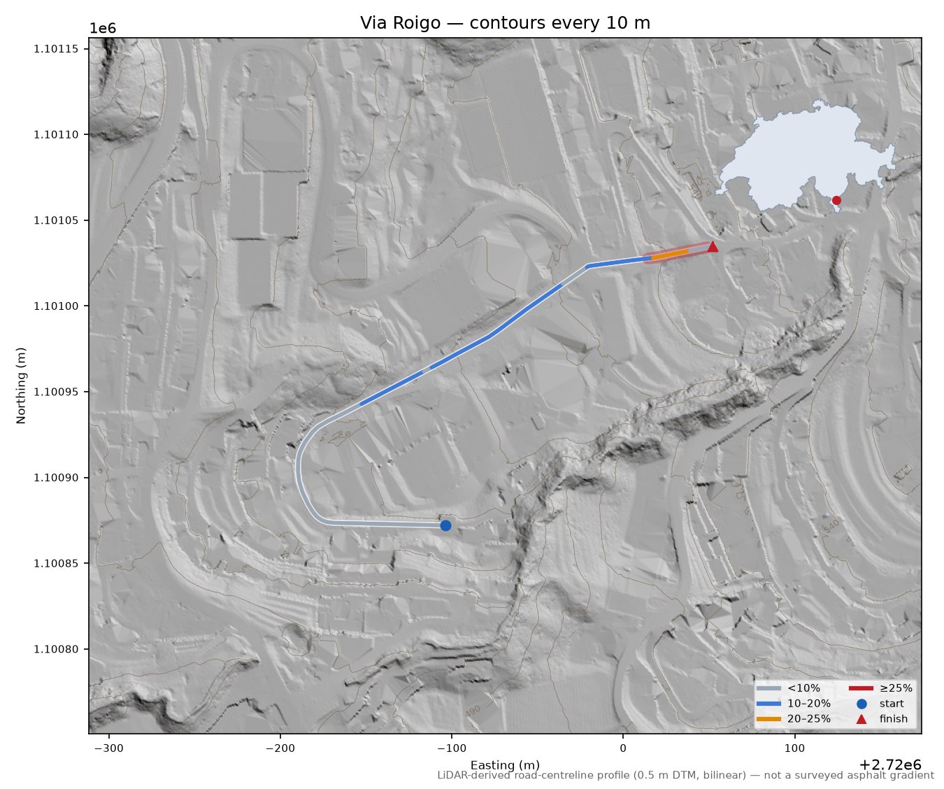 Via Roigo LiDAR hillshade map with contours