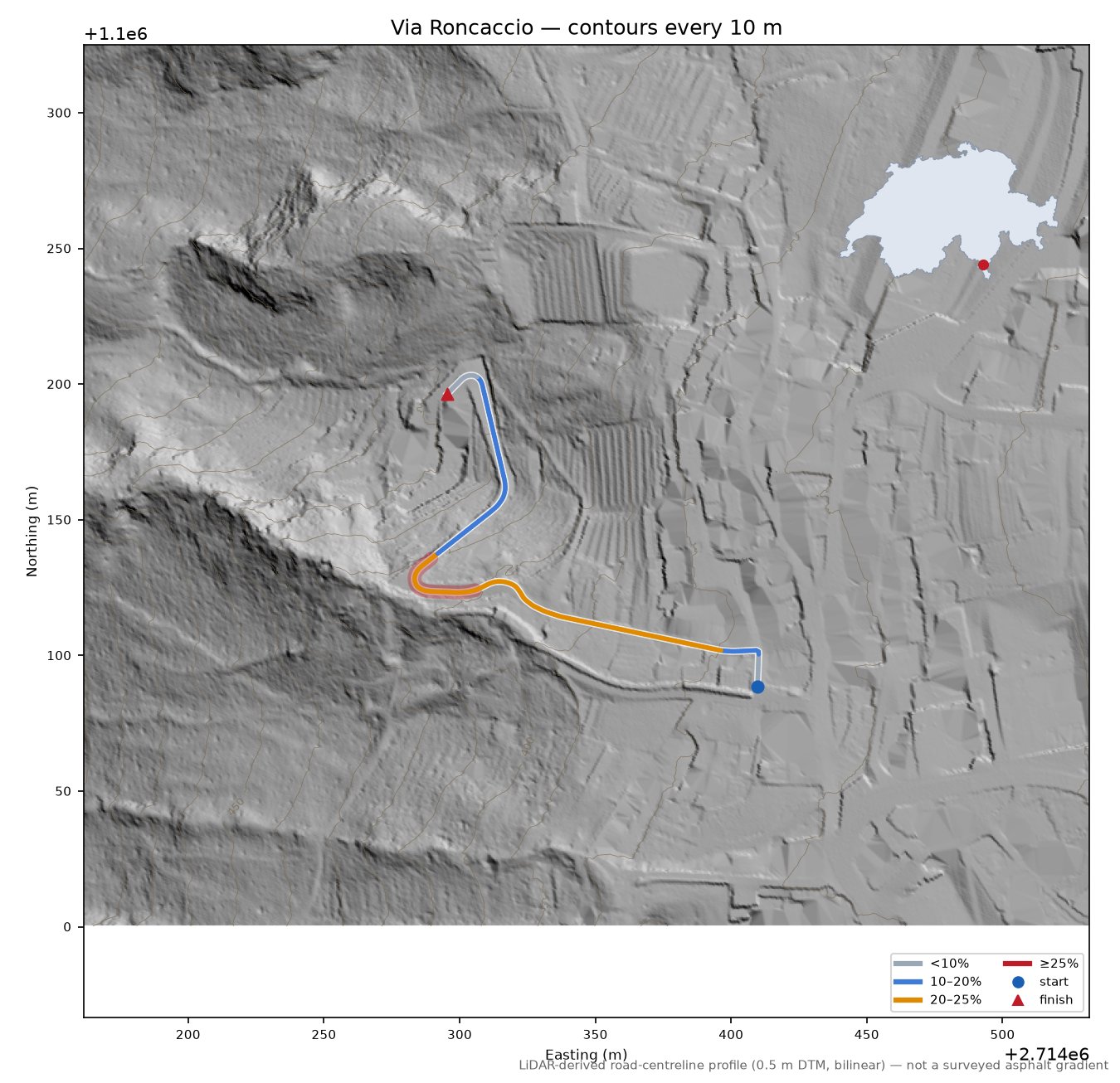 Via Roncaccio LiDAR hillshade map with contours