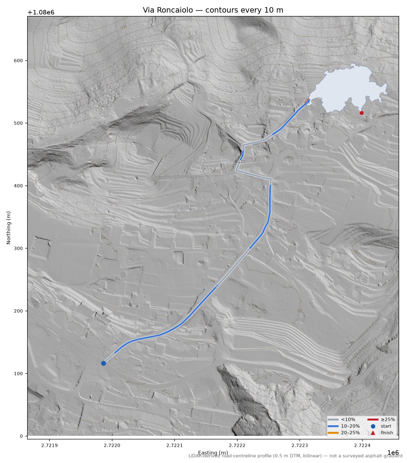 Via Roncaiolo LiDAR hillshade map with contours