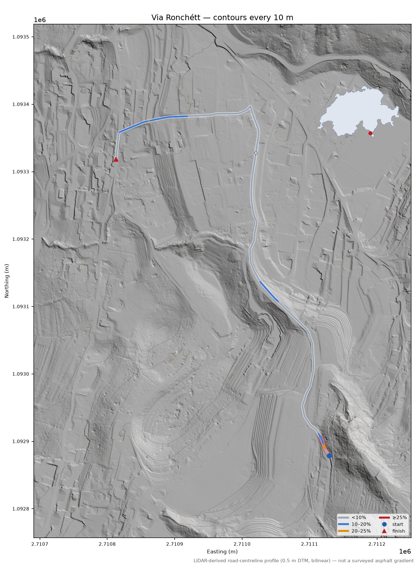 Via Ronchétt LiDAR hillshade map with contours